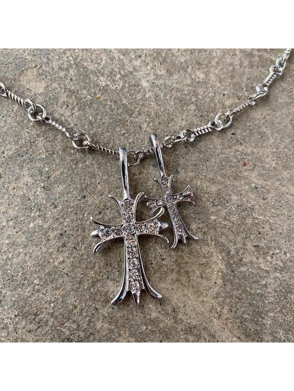 Vintage Cyber y2k style Double Cross Silver Necklace. Rhinestone Cross. 19.5 inc